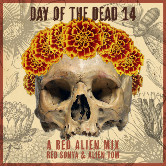 day of the dead 14 red alien mix album art skull and marigold crown
